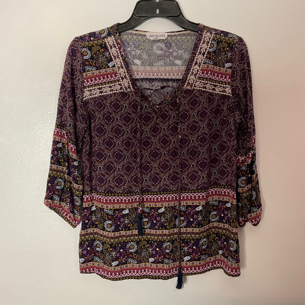 Westport | Boho Print Blouse | 3/4 Sleeve | Size Small | Tie-Up Front | Paisley